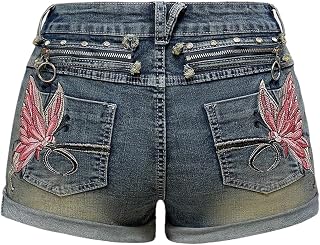 SOLY HUX Women's Y2k Butterfly Embroidery Distressed Low Rise Denim Shorts