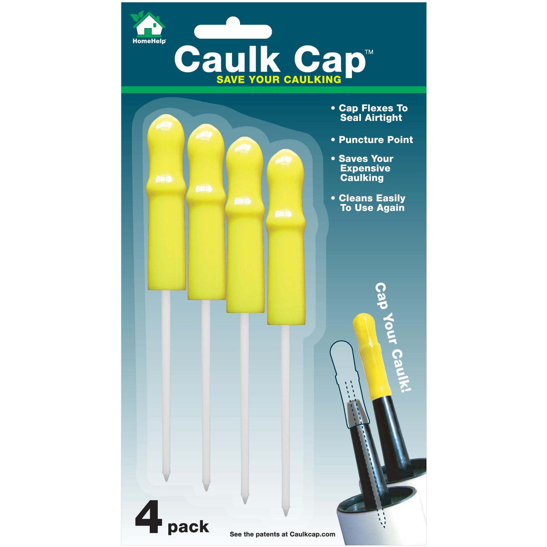 Caulk Cap CCY Caulk Saver, Reusable Tube Sealer with Puncture Pin, 4 Pack | Over