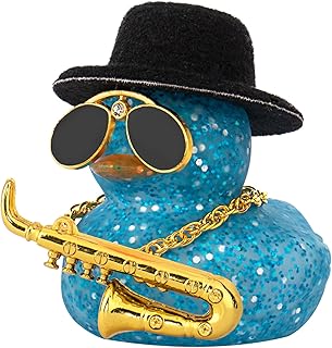 wonuu Car Dashboard Ducks, Saxophone Decor Rubber Duck Car Ornaments with Mini Top Hat Necklace Sunglasses (Light Blue)