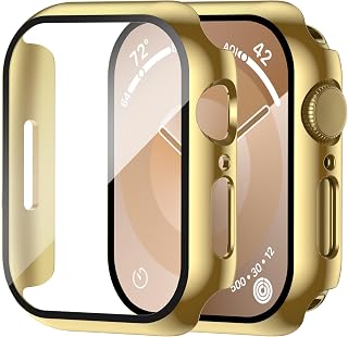 Smiling Confezione da 2 pellicole protettive in vetro temperato integrate compatibili con Apple Watch SE 2 (2024)/serie 6/serie 5/serie 4 da 40 mm, custodia protettiva rigida in policarbonato - oro