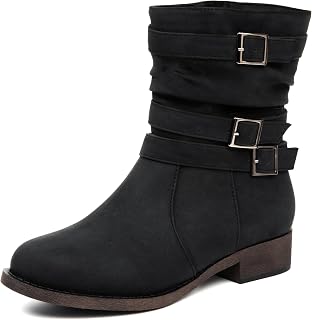 Veittes Stivali da cowboy da donna, a metà polpaccio, con tacco grosso basso, cerniera laterale, stile moto, punta rotonda classica, stivali alla moda western (nero/marrone scuro/grigio)