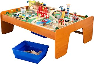 KidKraft Ride Around Town Wooden Train Set and Table with Helicopter, Airplane, Farm, Storage Bins and 100 Pieces, Compatible with Other Major Brand Trains, Honey