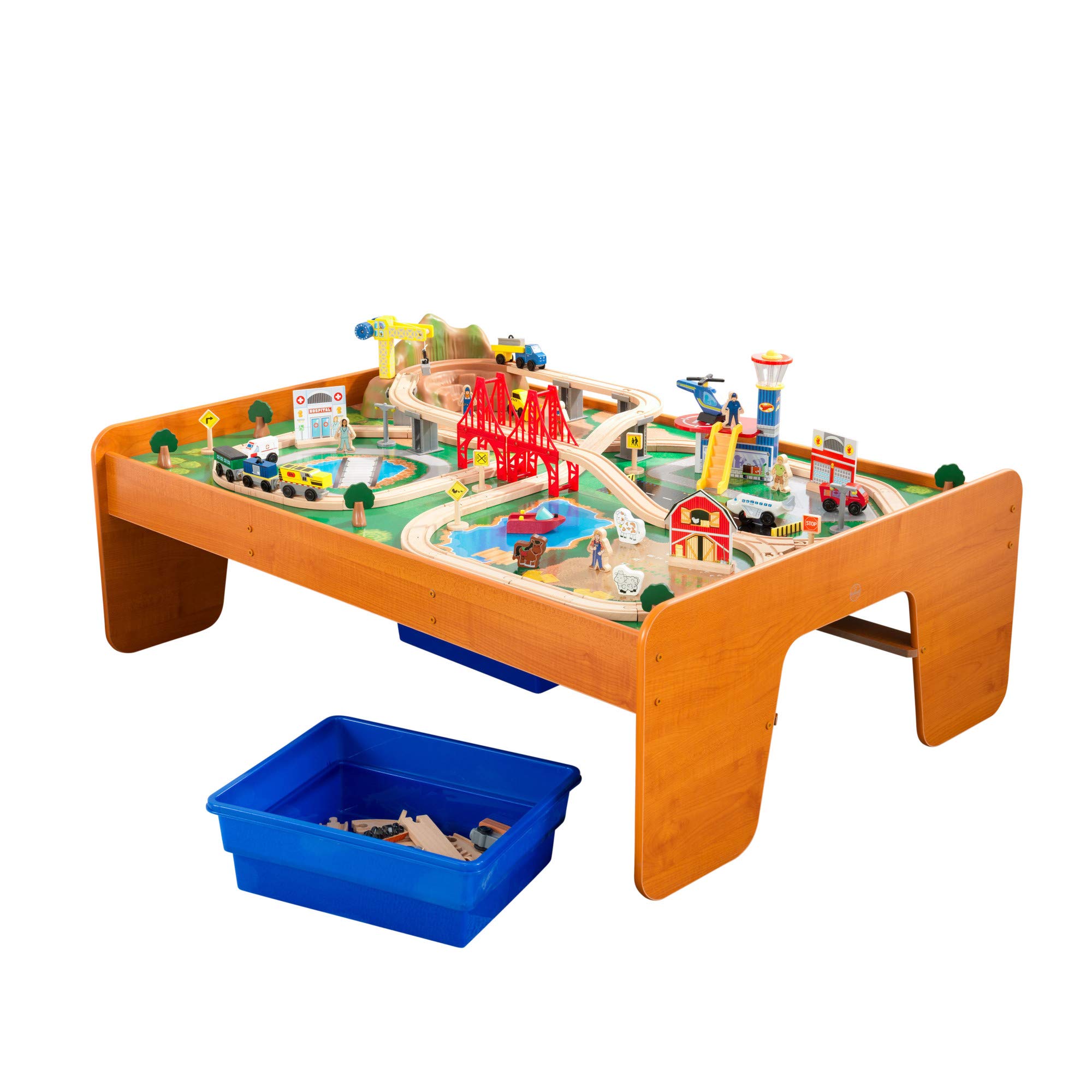 KidKraft Ride Around Town Wooden Train Set and Table with Helicopter, Airplane, 