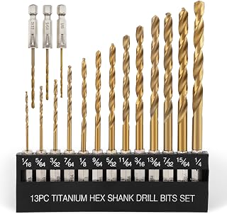 COMOWARE Titanium Twist Drill Bit Set 16 Pcs, 1/16"-1/4, Hex Shank HSS | Titanium Coating, 2 Flutes,for Wood Plastic Aluminum Alloy, for Home DIY, Engineering, with Index & Storage Case