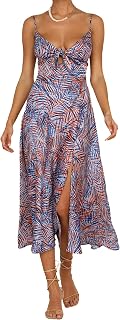 Fashionme Women's Floral Satin Midi Dress with Tie Front, Backless Split, Spaghetti Straps, Summer Casual, Dark Green
