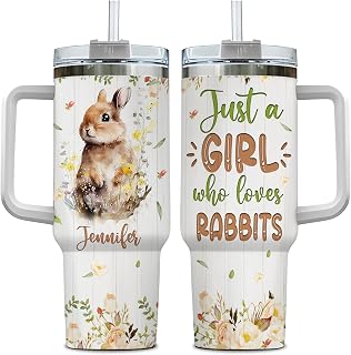 Hyturtle Personalized Gifts For Rabbit Lover Tumbler 40oz with Handle and Straw - Stainless Steel Travel Coffee Cup With Lid - Cute Animal Lover Gifts For Women, Girl On Birthday Christmas