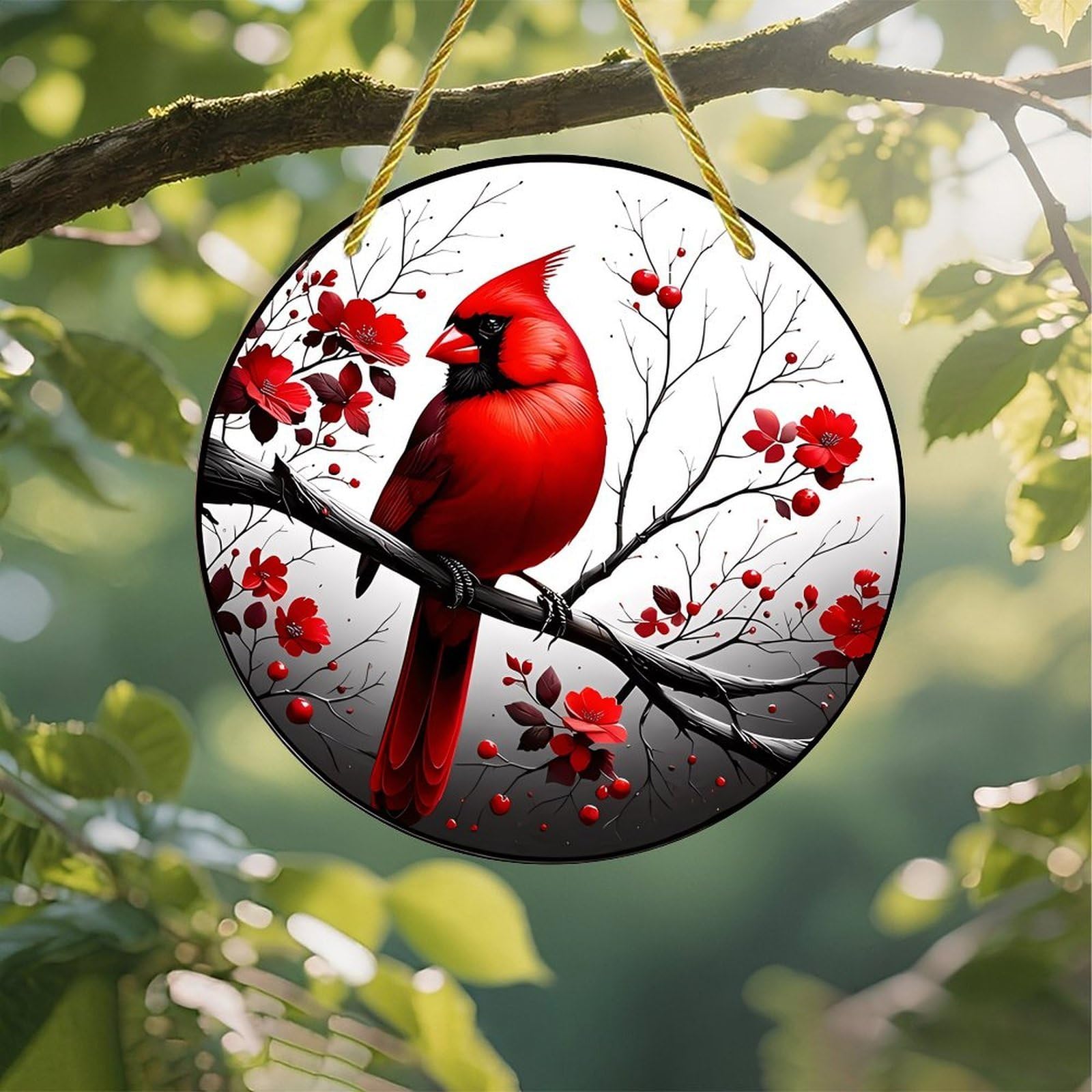 Colorful Acrylic Sun Catcher, Cardinal Perched on Branch with Flowers, 7" Wall H