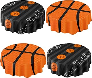 Funnymoom 4 Pack Round Basketball Tablecloth 84 Inch Plastic Basketball Party Decorations Disposable Table Cloth Washable Disposable Table Cover for Birthday Party Supplies Decoration