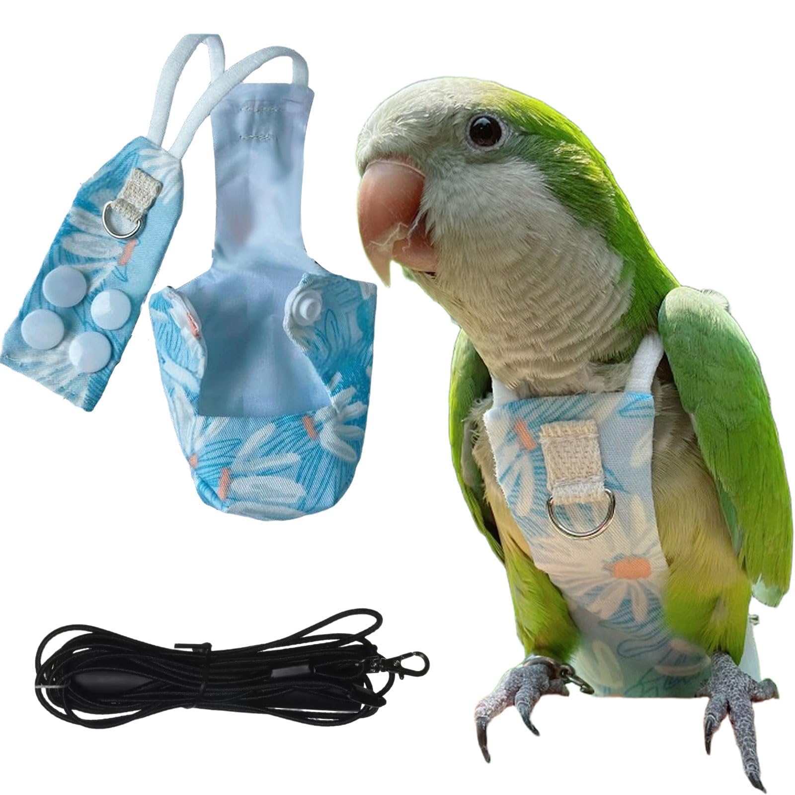 Snap-Closure Parrot Diapers with Adjustable Leash - Washable Bird Flight Suits f