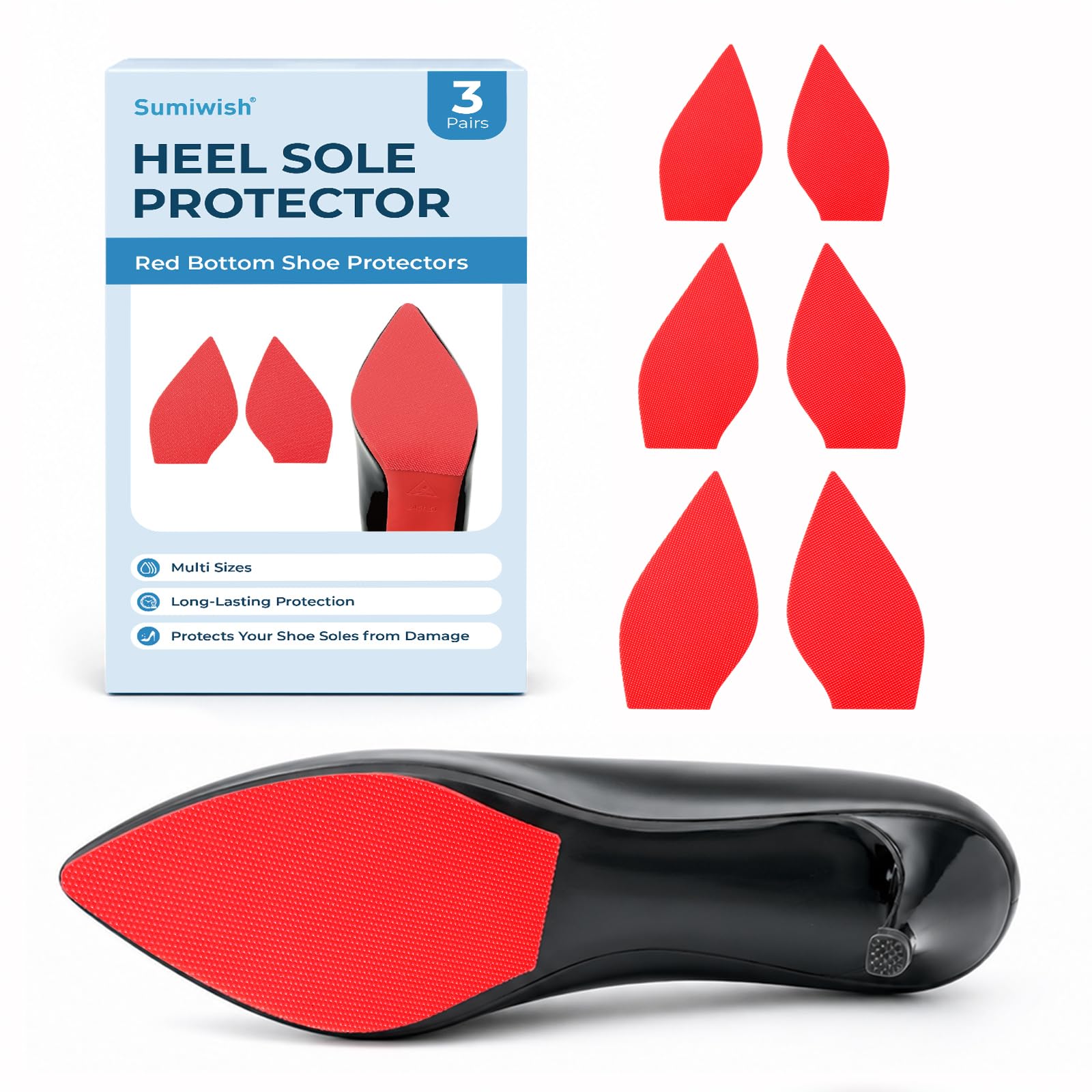 Red Bottom Shoe Protectors, 3 Pairs – Self-Adhesive Anti-Slip Sole Grips, Pre-Cu