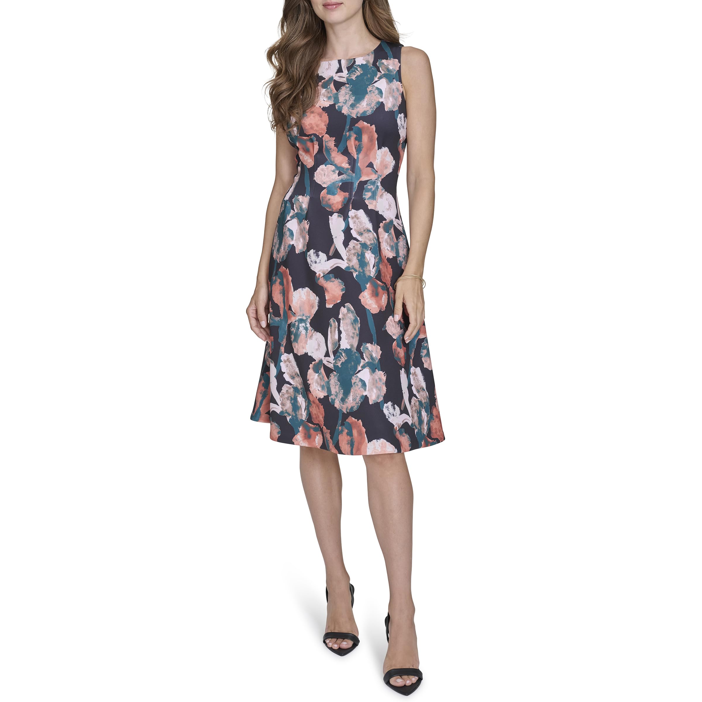 Halston Women's A Line Round Neck Knee Length Dress