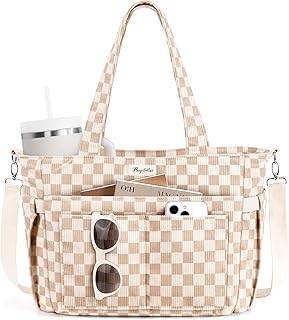 Bagstellar Corduroy Tote Bag for Women, 17 Pockets Laptop Work Tote Purse | Large 15.6” Computer Bag w/ 40oz Cup Holder & Strap, Zipper Teacher Nurse Bible Shoulder Bag for School Travel College Office