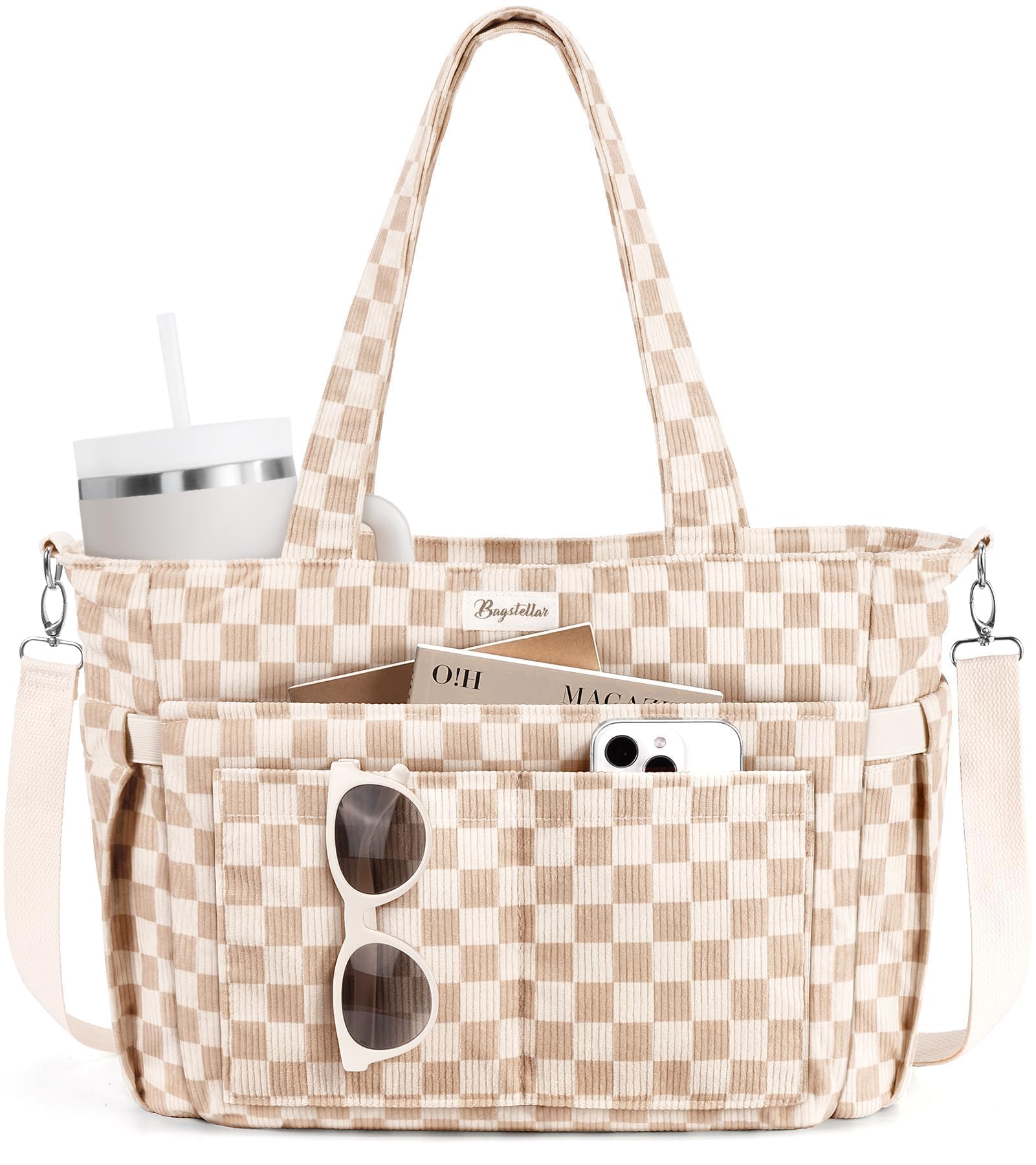 Bagstellar Corduroy Tote Bag for Women, 17 Pockets Laptop Work Tote Purse | Larg