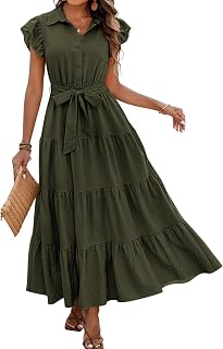 dowerme Women Ruffle Sleeve Button Belted Boho Maxi Dress