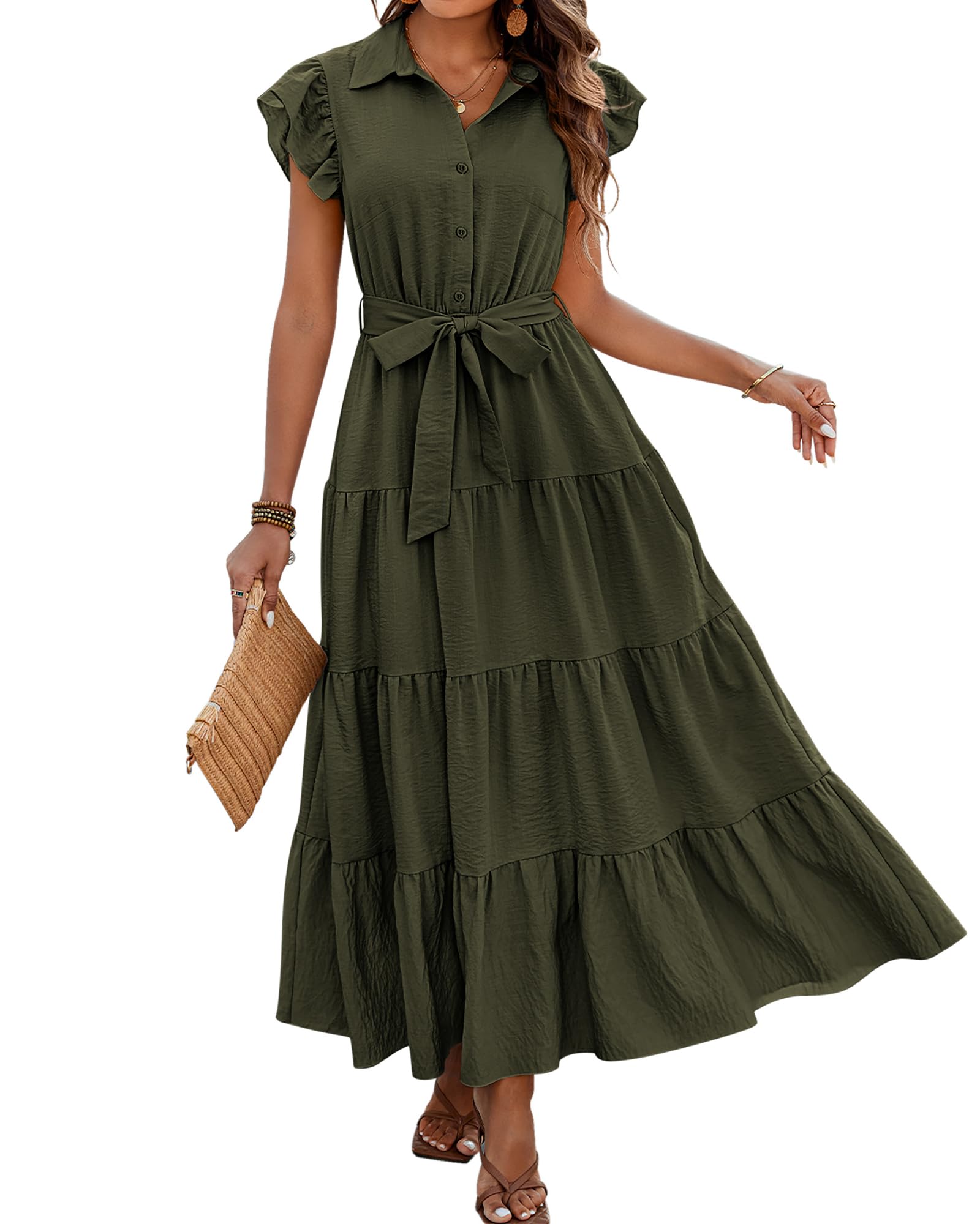 dowerme Women Ruffle Sleeve Button Belted Boho Maxi Dress