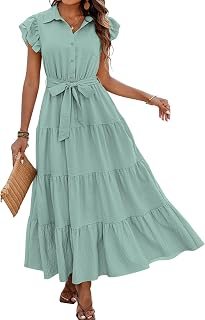 dowerme Women Ruffle Sleeve Button Belted Boho Maxi Dress