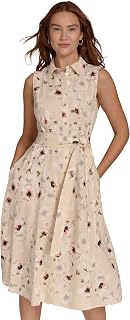 Tommy Hilfiger Women's Sleeveless Collared Button Front Tie Waist Midi Shirt Dress