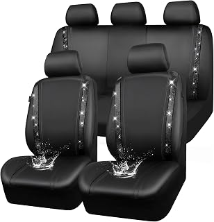 CAR PASS Leather Bling Diamond Car Seat Covers Full Set, Shining Rhinestone Waterproof Durable Rear with Zipper, Universal Fit Automotive Glitter Crystal Sparkle Strip for Cute Women Girly Black