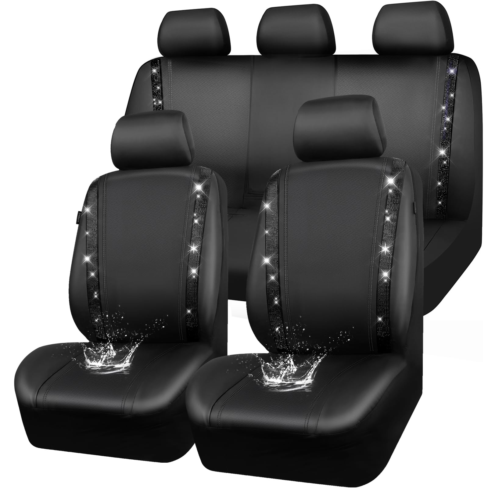 CAR PASS Leather Bling Diamond Car Seat Covers Full Set, Shining Rhinestone Wate