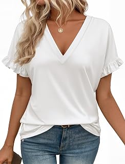 Valiamcep T Shirts Short Ruffle Sleeve V Neck Tees Womens Tops Beach Vacation 2026 Casual Summer Spring Outfits