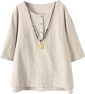 Minibee Women's 3/4 Sleeve Cotton Linen Jacquard Blouses Top T-Shirt