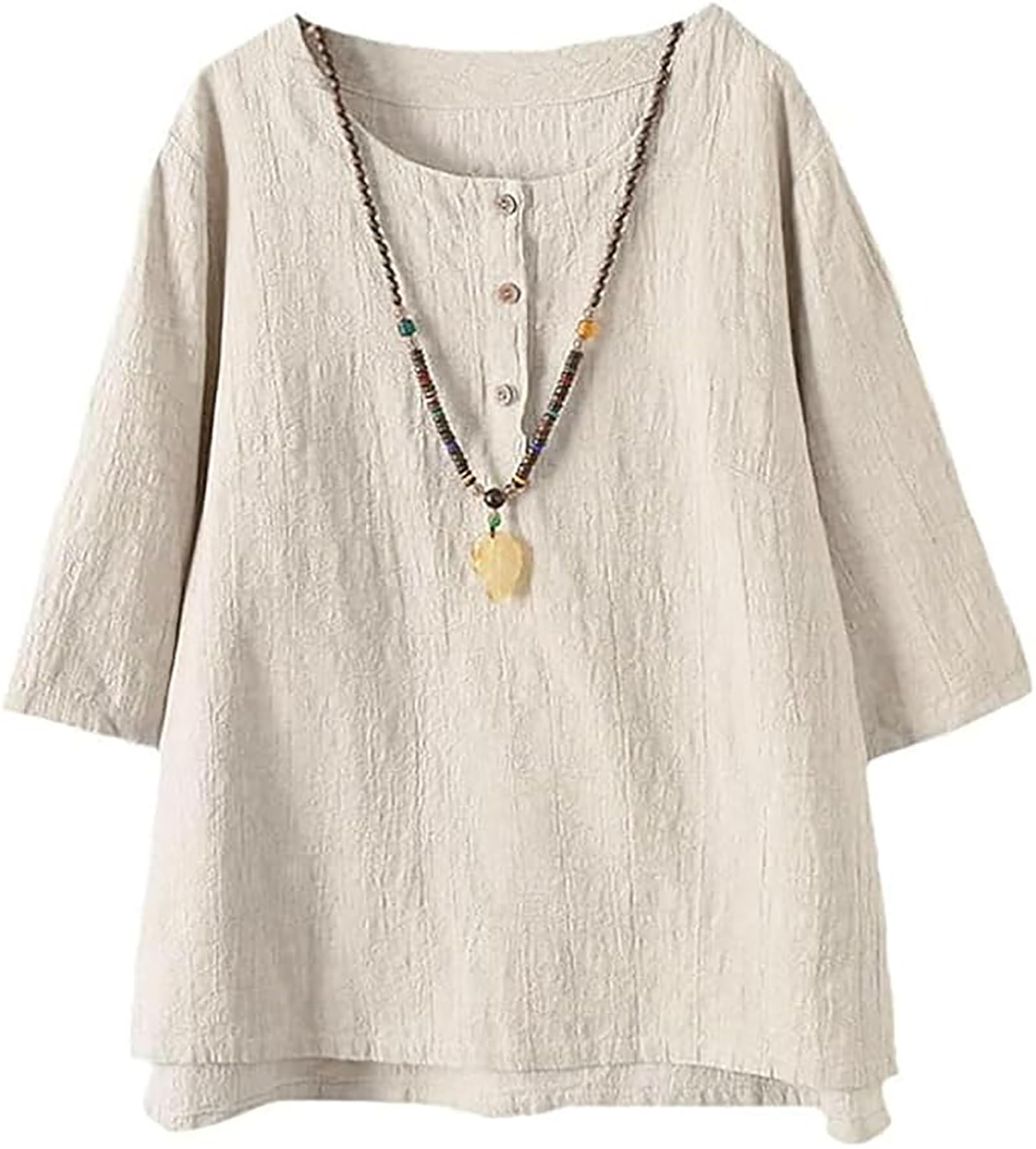 Minibee Women's 3/4 Sleeve Cotton Linen Jacquard Blouses Top T-Shirt
