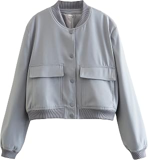Megfie, Womens Cropped Button Down Bomber Jacket College Jackets Shackets with Pockets