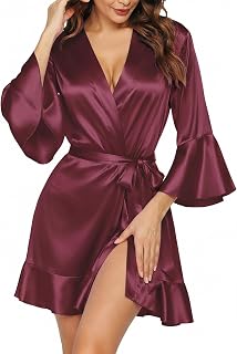 Ekouaer Women's Satin Robe Short Ruffle Hem Silky Kimono Brides Bathrobes