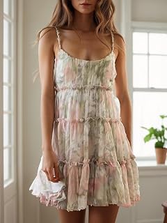 Women Floral Summer Mini Dress Cute Sleeveless Ruffle Spaghetti Straps High Waist A-line Boho Flowy Casual Dress 2025
