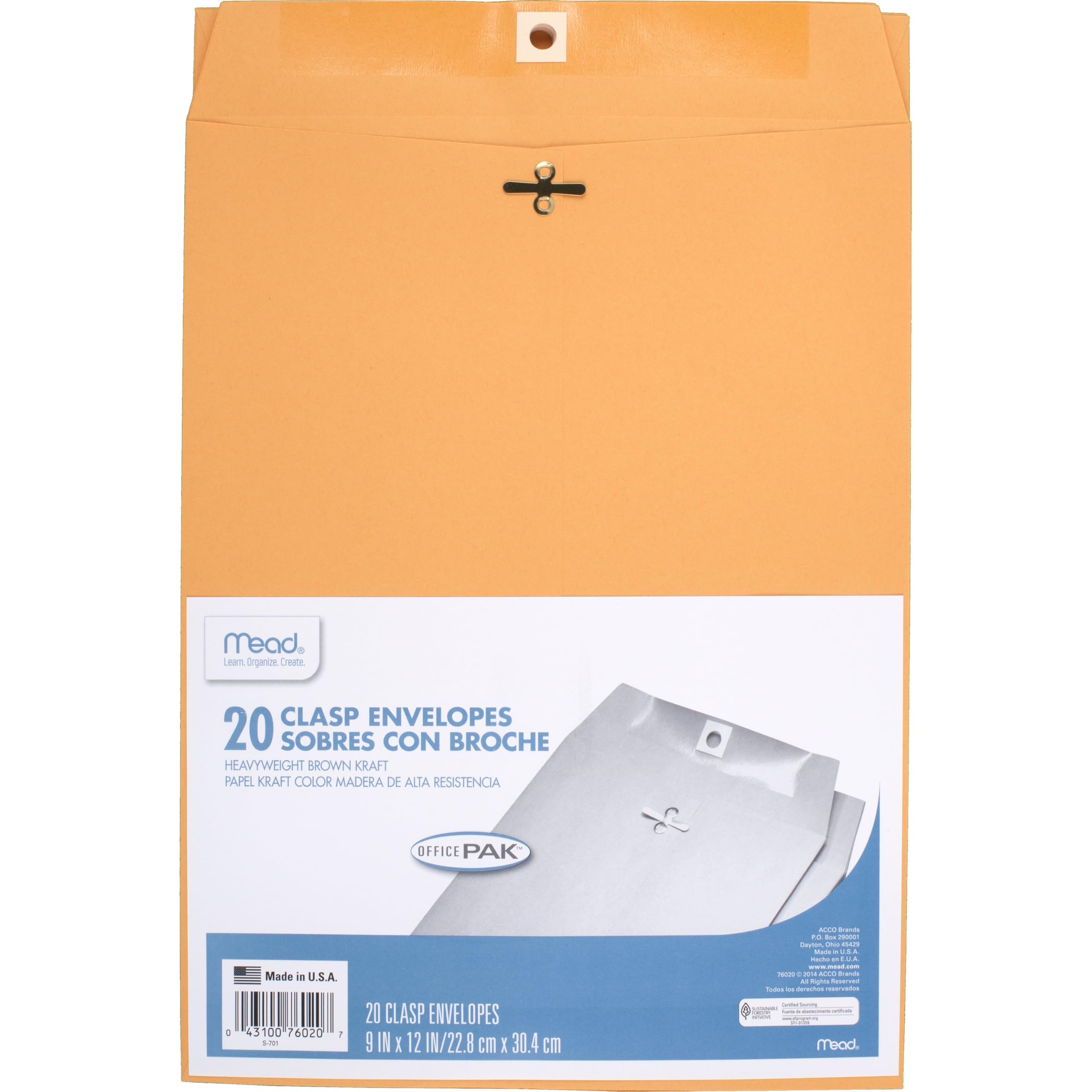 Mead Envelopes, 9" x 12", Clasp Closure, Brown Kraft All-Purpose 24-lb Paper Mai