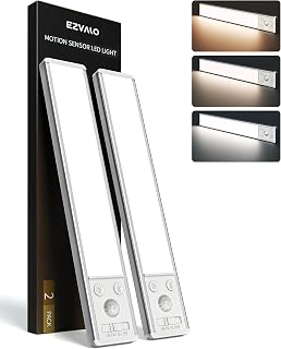 EZVALO Under Cabinet Kitchen Lights, Motion Sensor Lights Indoor 2-Pack | 3 Color Dimmable 62 LED 2400mAh Rechargeable LED Lights for Cupboard, Kitchen, Wardrobe, Hallway (20.5cm)
