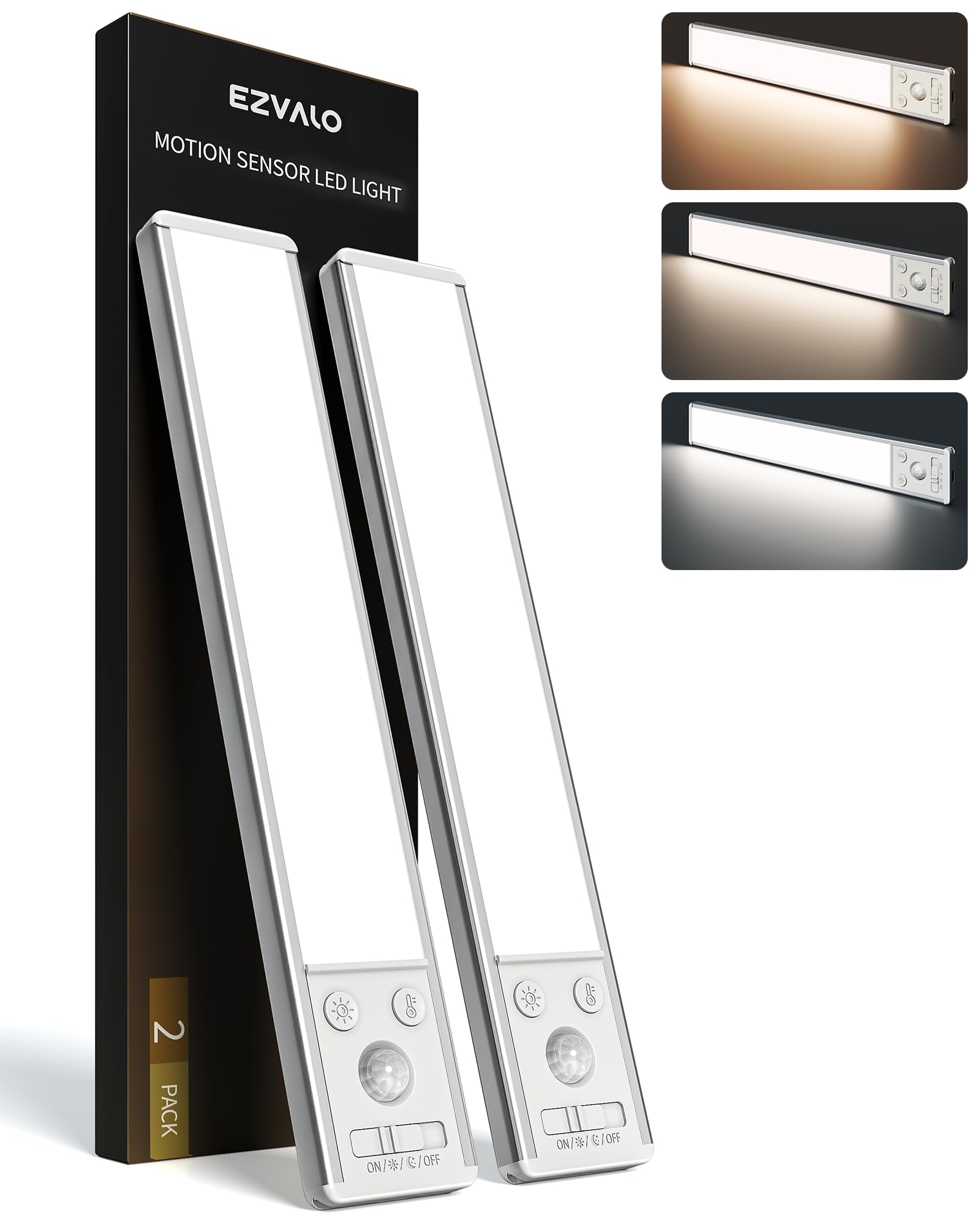 EZVALO Under Cabinet Kitchen Lights, Motion Sensor Lights Indoor 2-Pack | 3 Colo