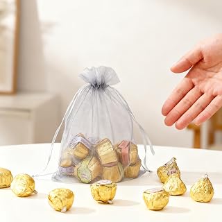 50 Pack Solid Color Drawstring Organza Bags for Wedding Favor Candy Birthday Party Favor Decoration(Brown)