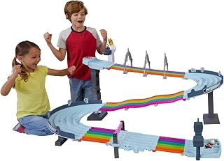 ​Hot Wheels Mario Kart Rainbow Road Raceway | 8-Foot Track Set with Lights & Sounds & 2 1:64 Scale Vehicles, Race with 5-Track Colorful Course with 2 Configurations, GXX41