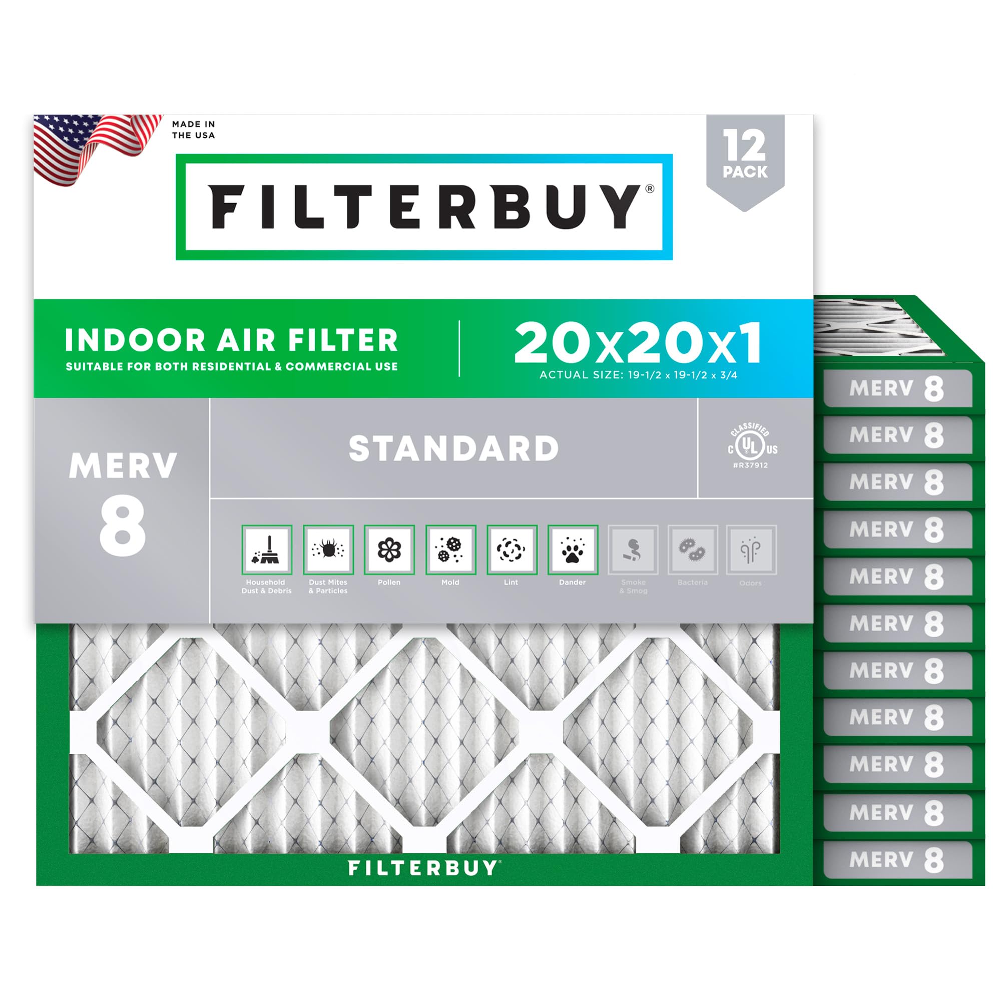 Filterbuy 20x20x1 Air Filter MERV 8 Dust & Allergy Defense (12-Pack) | Electrost