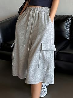 Women High Waist Cargo Shorts Knee Length Loose Fit Drawstring Casual Street Shorts