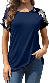 Women Summer Short Sleeve T Shirt Floral Print Casual Tunic Tops Round Neck Tops