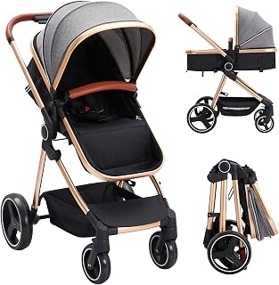 Convertible Baby Stroller, Foldable Pushchair, Newborn Reversible Bassinet Pram with Adjustable Canopy, Aluminum Structure, 5-Point Harness for Infant & Toddler Grey