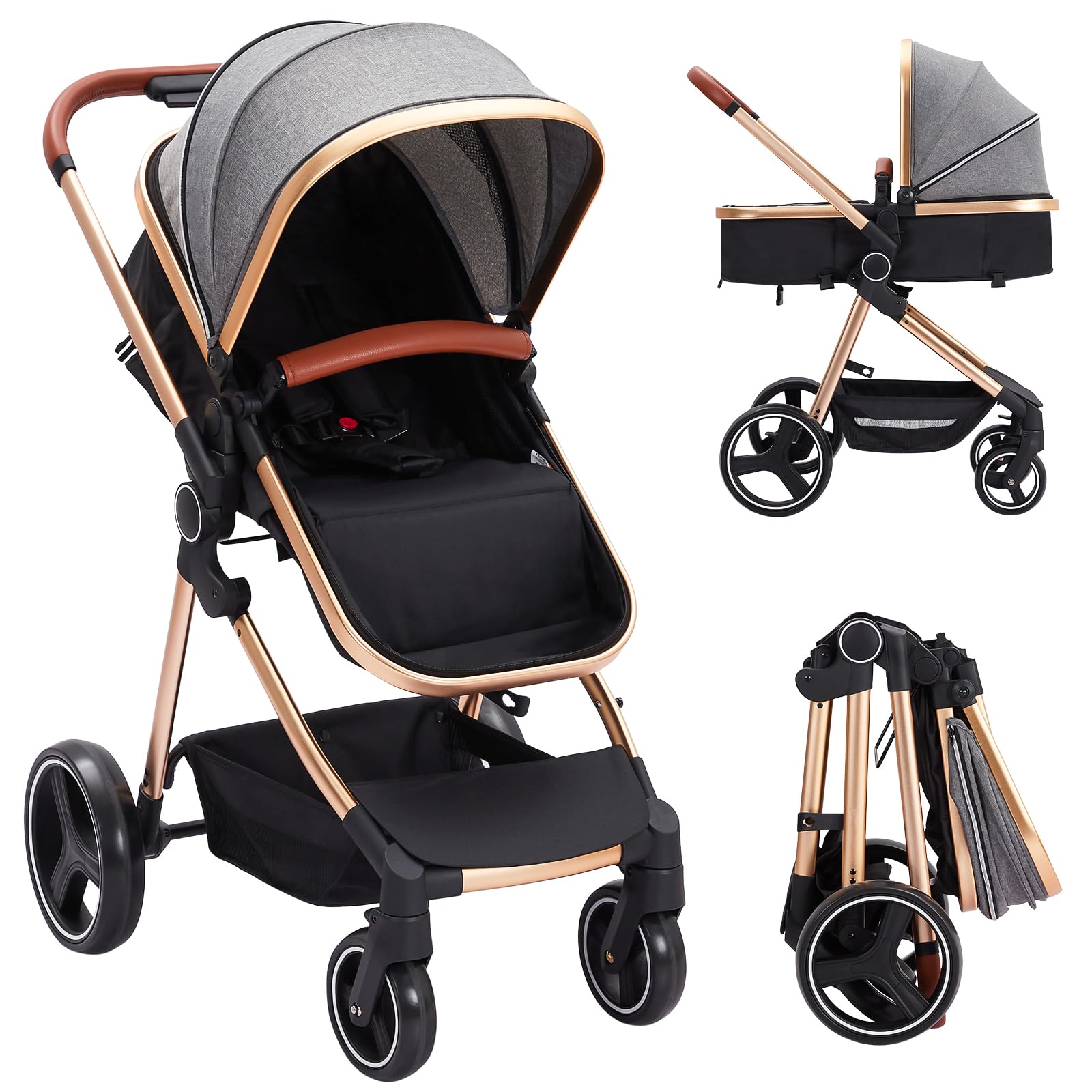 Convertible Baby Stroller, Foldable Pushchair, Newborn Reversible Bassinet Pram 