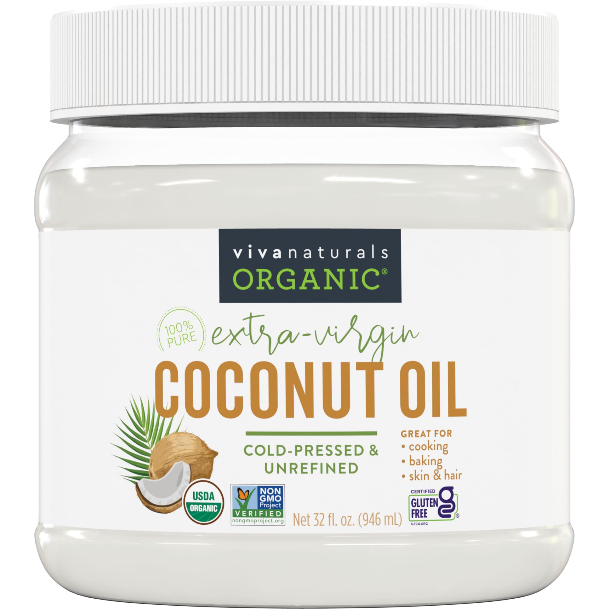 Viva Naturals Organic Coconut Oil, 32 fl oz – Unrefined, Cold-Pressed Extra Virg