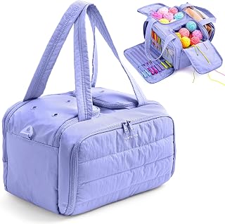 Large Crochet Bag, Puffy Yarn Organizer with 2 Compartments & Hook Holders | Puffy Taslan crochet bag with dual yarn compartments, 6 feeding holes, front hook organizer and shoulder strap for projects