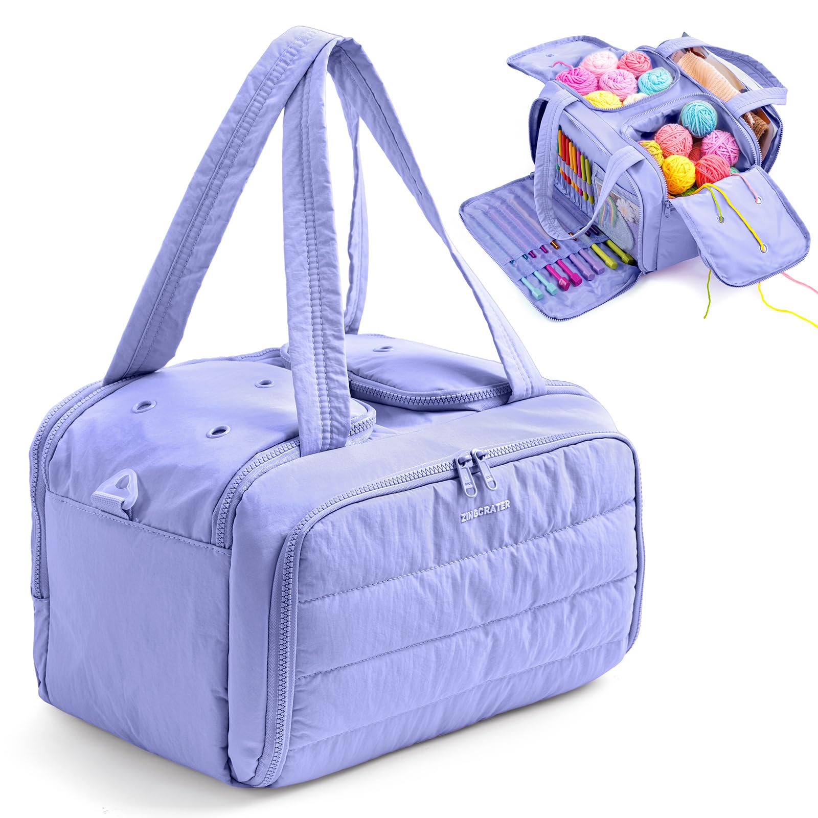 Large Crochet Bag, Puffy Yarn Organizer with 2 Compartments & Hook Holders | Puf