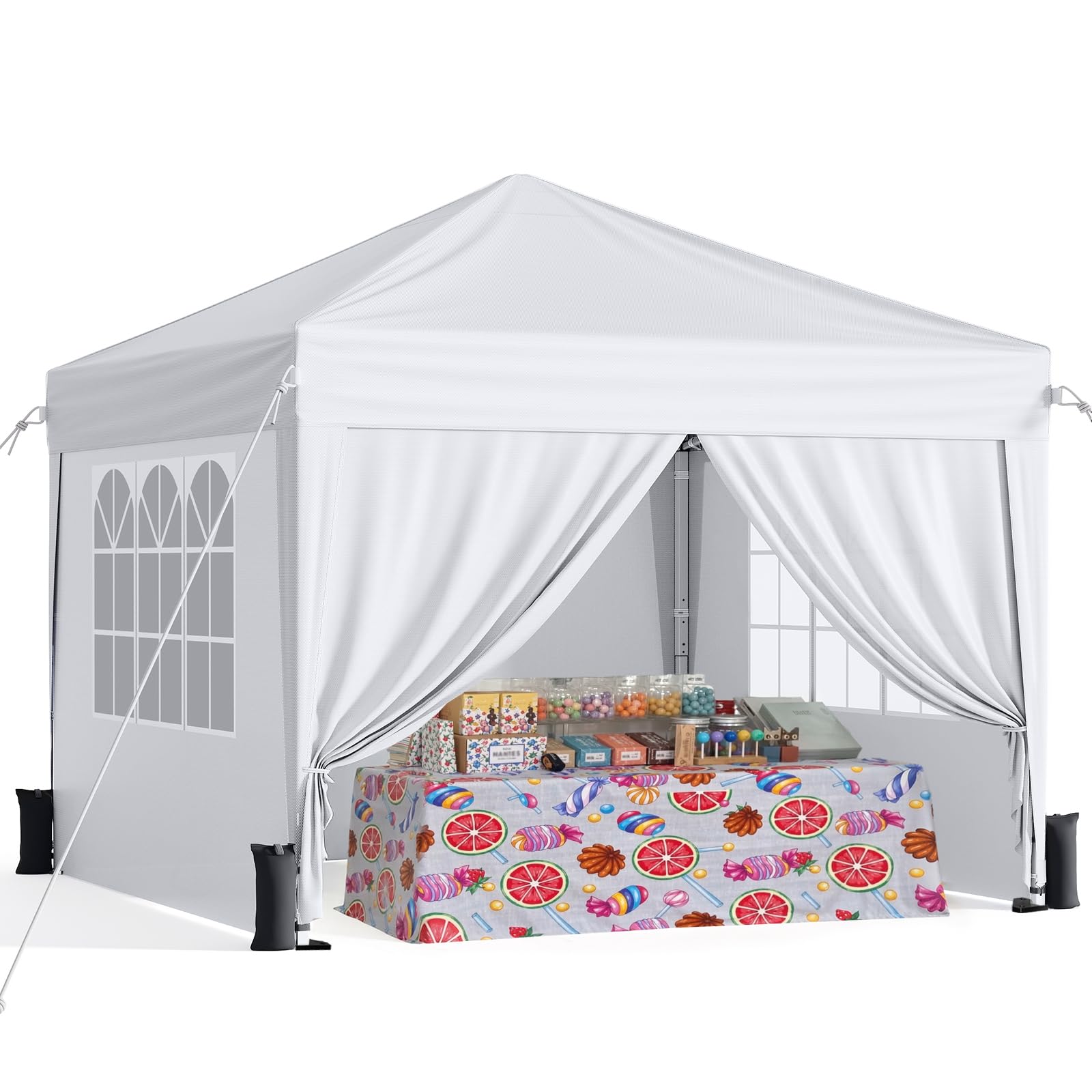 Driftalia 10x10 Pop Up Canopy Tent with 4 Sidewalls, White | One-Push Center Loc