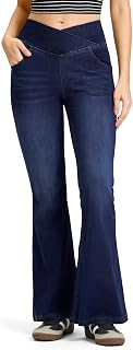 Rammus Flare Jeans for Women Crossover High Waisted Bell Bottom Jeans Trendy Yoga Pants Stretchy Flare Leggings with Pockets