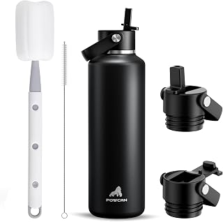 POWCAN 24 oz Slim Insulated Water Bottle with Straw: 2 Lids, Leakproof, Keep Cold 24H, Cupholder Friendly, Cleaning Brush, BPA-Free, Metal Water Bottle for Sport, Travel, School, Gym (Midnight)