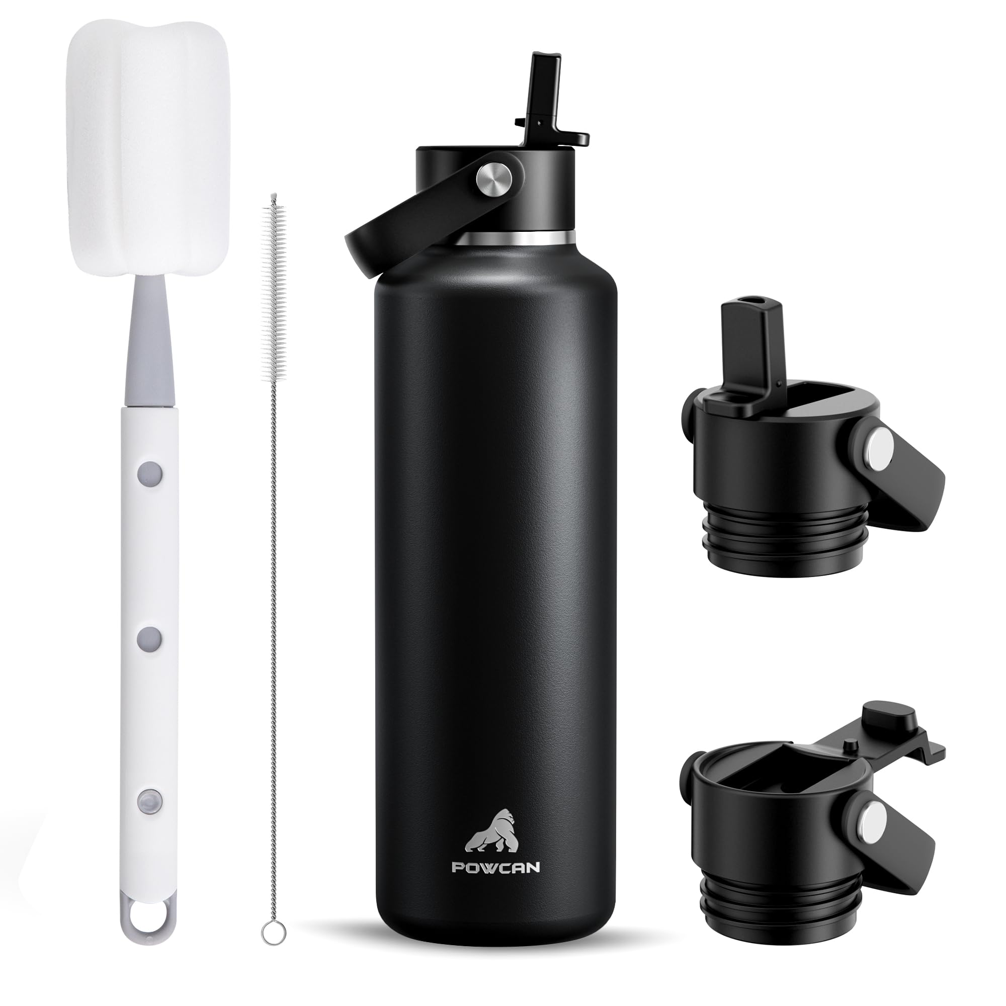 POWCAN 24 oz Slim Insulated Water Bottle with Straw: 2 Lids, Leakproof, Keep Col