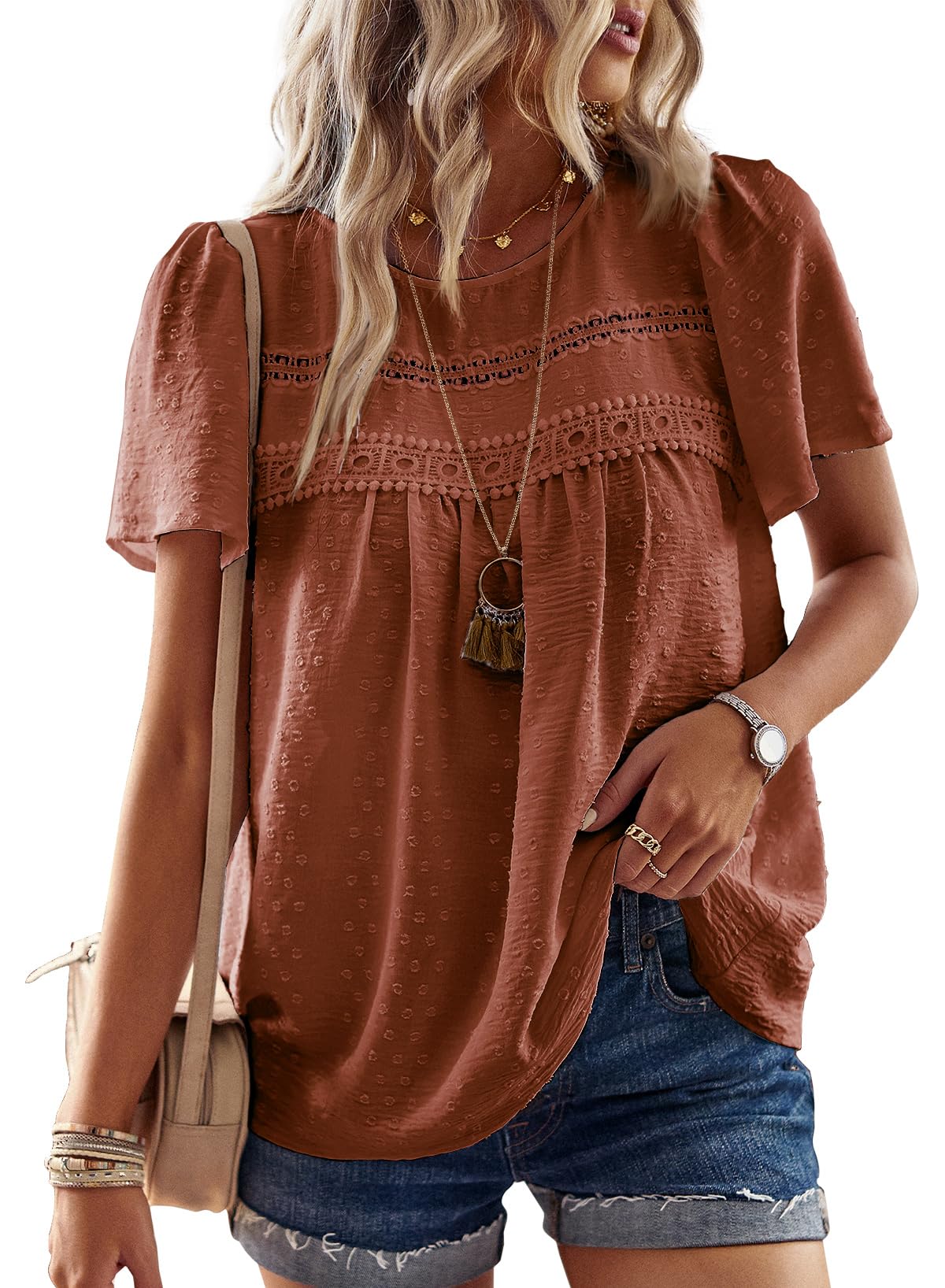 Falechay Womens Summer Tops Flowy Boho Dressy Casual Short Sleeve Shirts