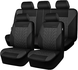 CAR PASS Car Seat Covers Full Sets, Front &amp; Split Rear Bench for Car, 3D Tyre Embossed Automotive Interior Covers, Airbag Compatible, Quick Setup Universal Fit Seat Covers for Car, SUV(Charcoal)