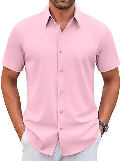 COOFANDY Camisas de vestir elásticas para hombre, de manga corta, sin arrugas, informales, con botones