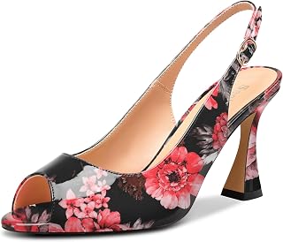 Saekcted Women's Mid Heel Open Toe Pumps Sandals Ankle Strap Slingback Slip-on Buckle Closure Dance Cute Dress Summer 8.5CM Heels